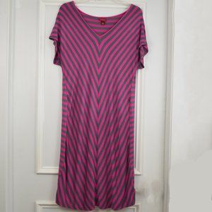 Merona Dress Midi Knit Shift  Medium Chevron Stripe Barbie Pink Fuschia Gray